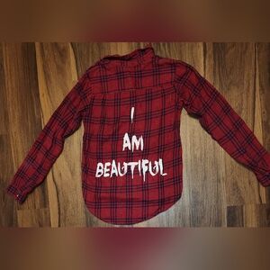 RARE FIND! Womens Sz Sm Blue Asphalt "I Am Beautiful" Long Sleeve Button Up